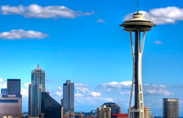 the Space Needle in Seattle overlooking the cityscape