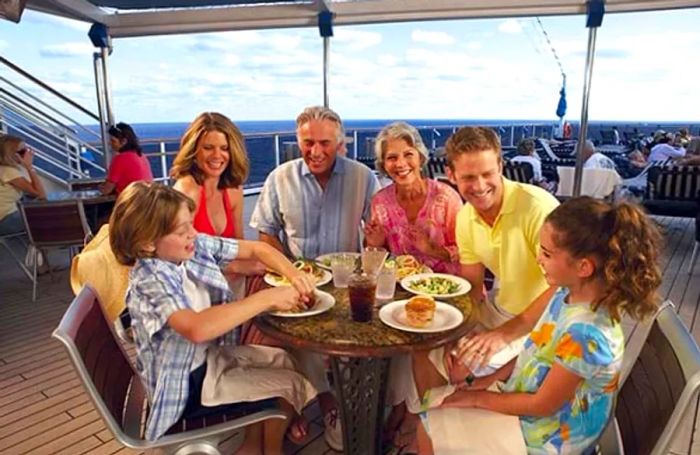 A family dining together aboard a Dinogo ship