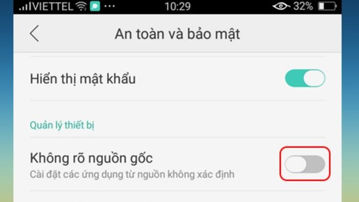 Bước 1: Cho phép cài đặt ứng dụng từ nguồn không xác định