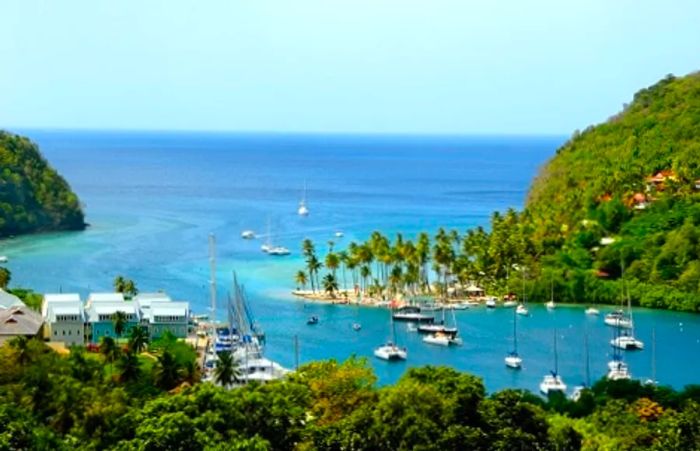 an aerial view of boats navigating around mountains in St. Lucia