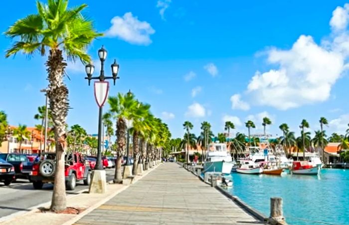 a scenic view of docks and boats in Aruba