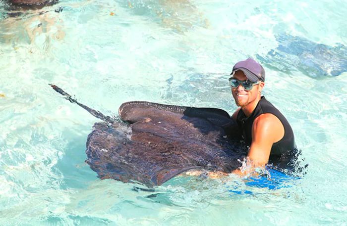 a man interacting with a stingray during a visit to Stingray City