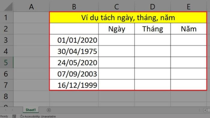 cách tách ngày tháng năm trong excel