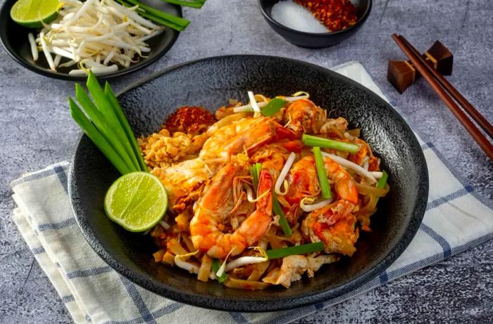 Pad Thai - rice noodles stir-fried with shrimp in the traditional Thai style