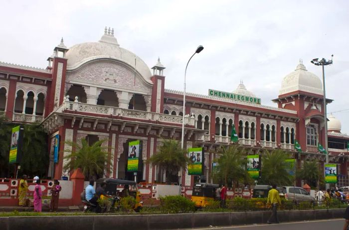 On August 28, 2011, traffic bustled in front of the Chennai Egmore train station, which is among the most significant railway hubs in Chennai, India.