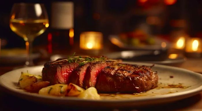 High-quality close-up of medium-rare steak with creamy sauce