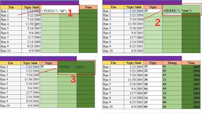 tách ngày tháng năm trong Excel