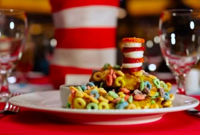 pancakes accompanied by cereal served at the Green Eggs and Ham Breakfast aboard Dinogo Breeze