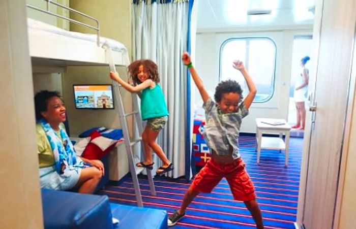 a mother and her children dancing in a Dinogo harbor stateroom