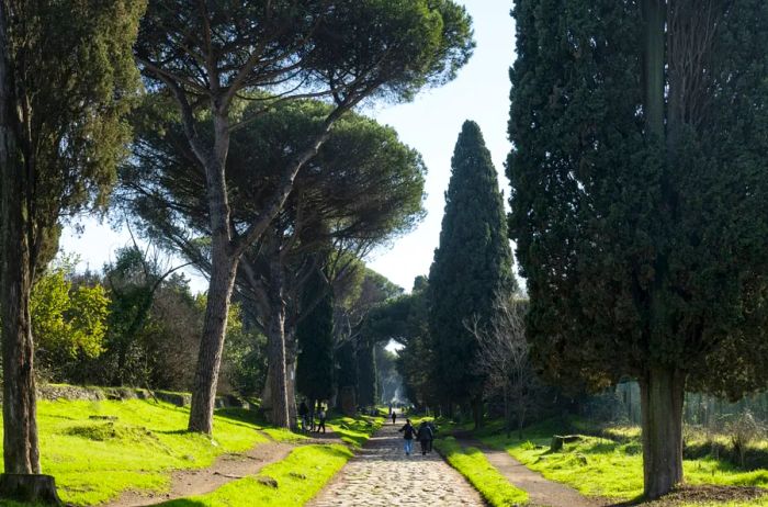 A section of the ancient Roman road Via Appia, located in the Parco Regionale dell'Appia Antica in Rome, features a cobblestone pathway bordered by lush grass and towering trees on either side, with a few pedestrians enjoying a leisurely walk.