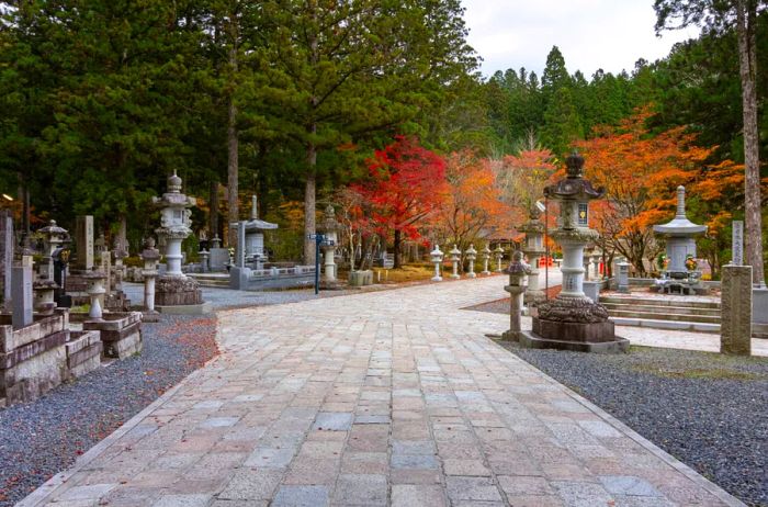 MOUNT KOYA, JAPAN in NOVEMBER: Okunoin Cemetery, a revered site in Koyasan, Japan, housing over 200,000 graves.