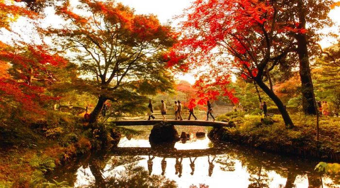 A group of six people crosses a stone bridge over the river, surrounded by vibrant red maples in Rikugien Gardens.