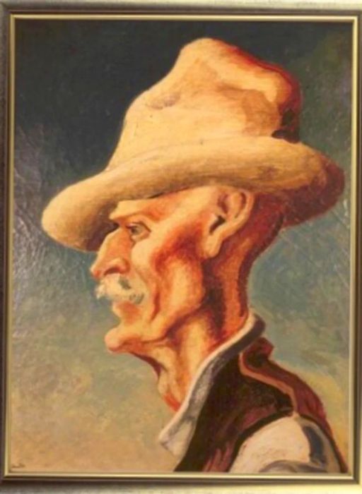 A 1926 painting by American artist Thomas Hart Benton depicting Josie West. The artwork captures a profile of an older man sporting a gray mustache and a large farmer's hat.