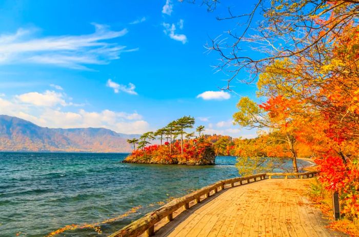 A picturesque view of Lake Towada during the autumn season in Towada Hachimantai National Park, Aomori, Japan.