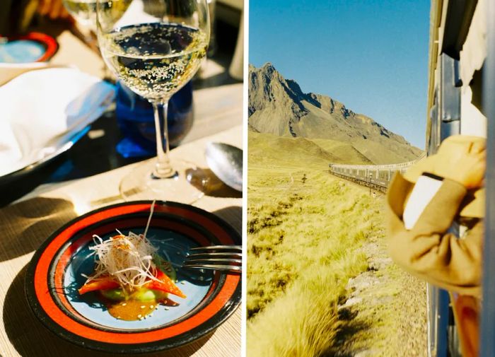 A colorful orange and blue plate of food accompanied by a wine glass (L); a person in a hat leaning out of a train window against a desert backdrop