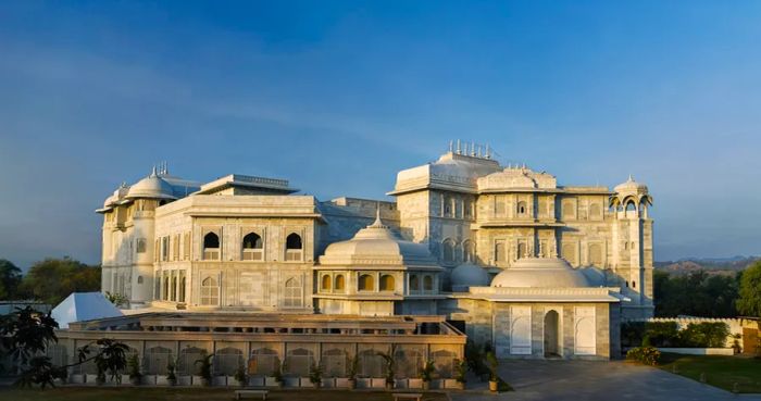 The Raffles Jaipur boasts a newly constructed building with a beautifully carved white exterior that reflects the traditional architectural style of the region.