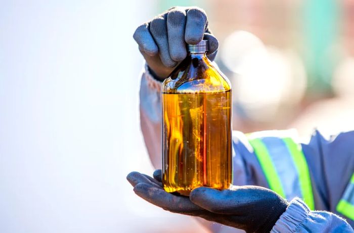 A pair of gloved hands grasping a clear brown bottle filled with biofuel.