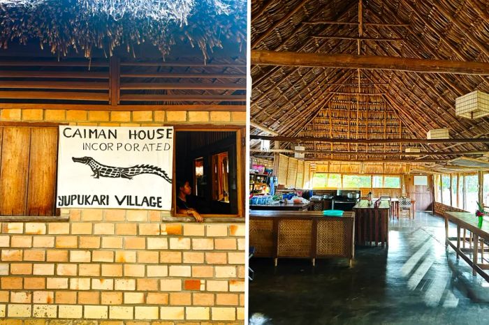 Left: a sign depicting a caiman; right: a primary lodge building with open walls and a high thatched ceiling