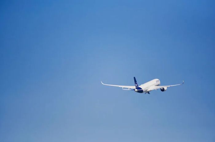 A modern airplane designed by the Lufthansa Group soaring above clouds in a clear blue sky.