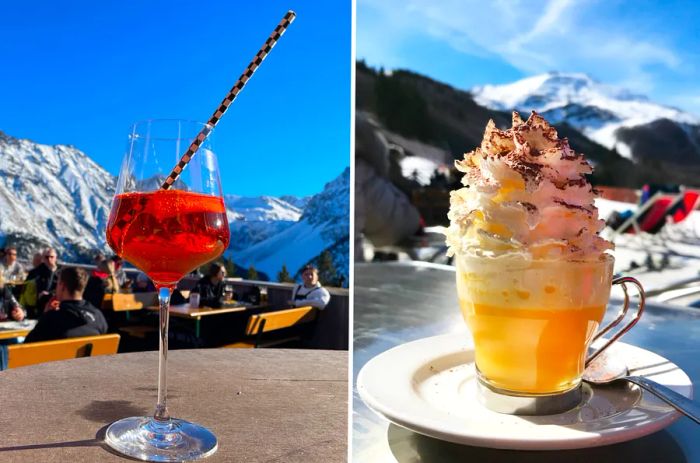 An Aperol Spritz and a Bombardino sit on tables set against a backdrop of snowy mountains.