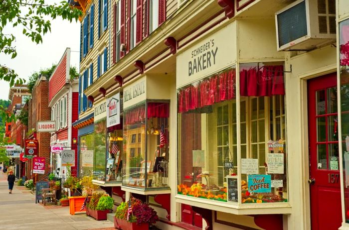 Main Street in Cooperstown, New York, features a variety of quaint shops, including a bakery, real estate office, liquor store, and movie theater.