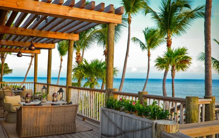 A wooden deck with comfortable seating overlooking palm trees and the ocean.