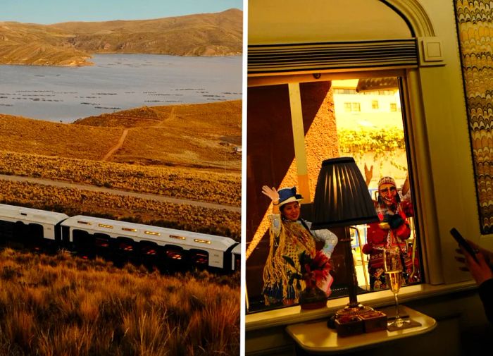 Aerial view of the Belmond Andean Explorer traversing a Peruvian plain (L); dancers waving, viewed through the train window (R)