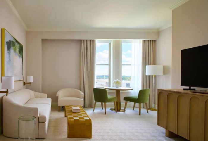 A sophisticated hotel room at Salamander DC, featuring a wooden TV stand, green chairs by the window, a white couch, and a checkerboard-patterned table.