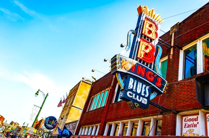 Photograph of the bright BB King's Blues Club sign in Memphis during daylight hours