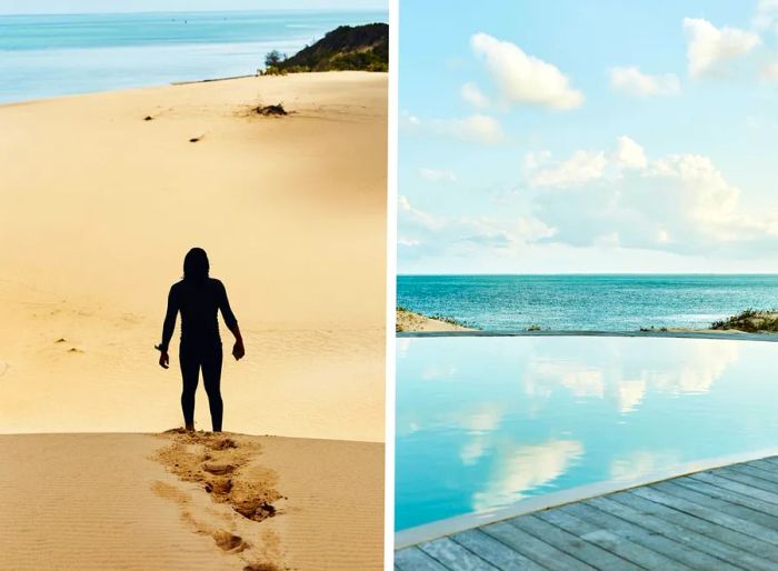 Left: The silhouette of a man standing on a sand dune. Right: An infinity pool with a breathtaking view of the ocean in Mozambique.