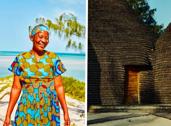 On the left, a woman dressed in a vibrant, patterned gown beams while standing on the shores of Benguerra Island. On the right, the wellness center at the Kisawa resort glows softly at dusk.