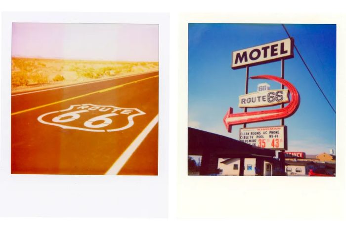 Left: a Route 66 stamp embedded in the asphalt; Right: a motel sign in New Mexico.