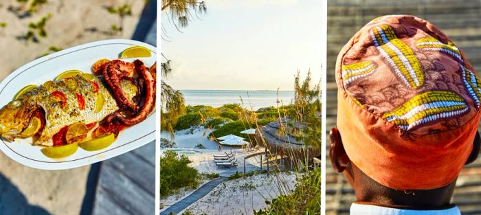 From left to right: A plate featuring cooked fish, octopus, and lemon wedges; the Kisawa resort; and a man wearing traditional headgear from Mozambique.