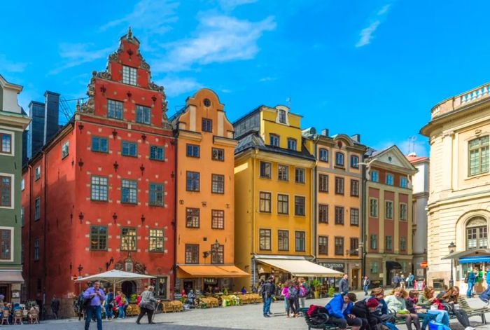 Bright red and yellow apartment buildings in Gamla Stan, Stockholm