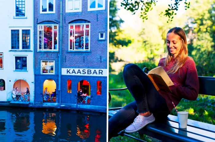 Left: Kaasbar Utrecht, a bar situated along a canal. Right: A person relaxing on a bench while reading in a park in Utrecht.