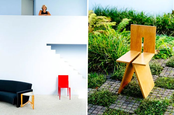 Left: The white interior of the historic Van Schijndel House, featuring a black sofa and a red chair. Right: A wooden chair inspired by De Stijl.