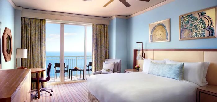 A guest room at the Ritz-Carlton Key Biscayne features a spacious balcony with ocean views.