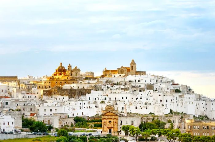 Cluster of small white buildings, featuring churches atop a hill