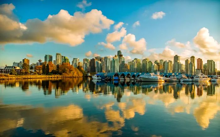 Aerial view of Vancouver showcasing trees, harbor, and city skyline