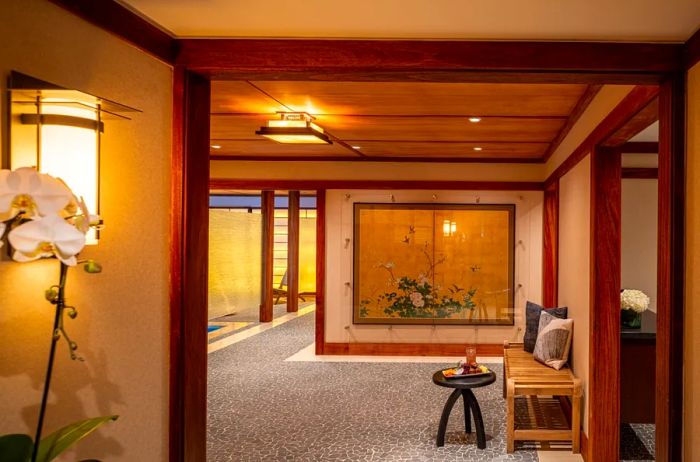 The spa at Golden Door, featuring wooden accents on the ceilings and walls