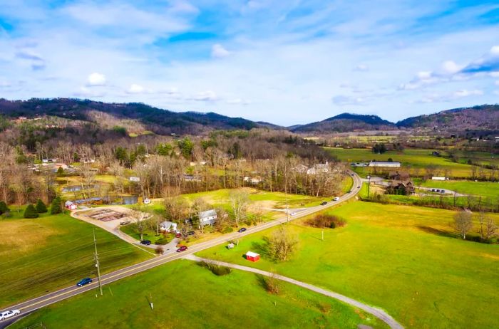 Aerial view of the crossroads in the small town of Townsend, Tennessee.