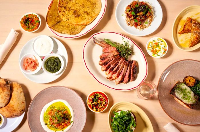 An aerial view of a table laden with plates and bowls of pitas, salads, meats, and dips.