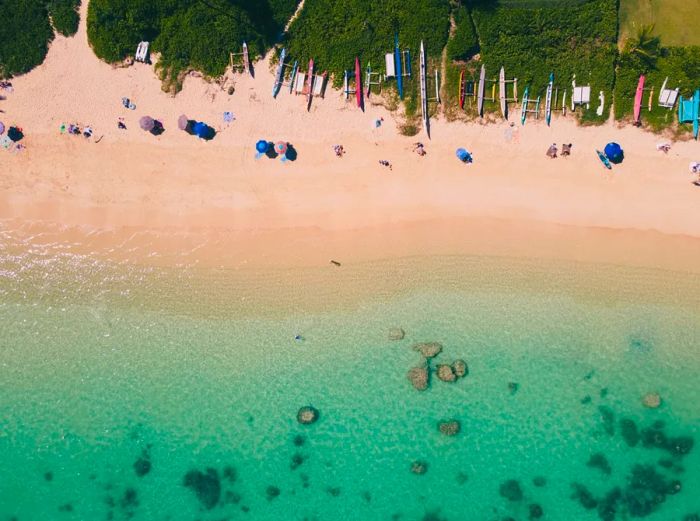 An aerial view captures a stretch of white sand adorned with umbrellas and surfboards, alongside clear green-blue waters speckled with coral.