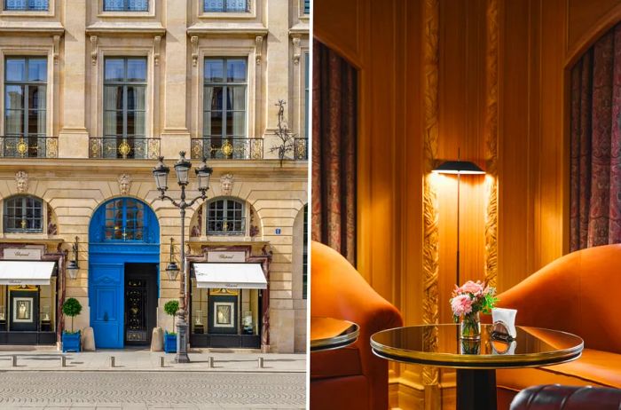 1 Place Vendôme features a striking exterior with a blue door set in a rounded archway. The accompanying seating area includes a round table surrounded by elegant wingback chairs.