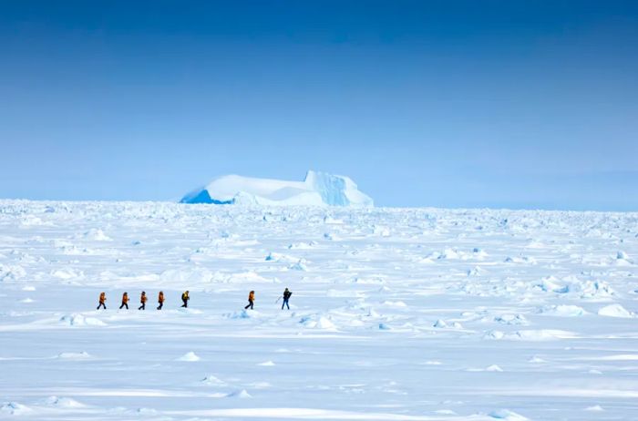 A group of hikers is seen traversing an Arctic landscape adorned with snow and ice in the distance.