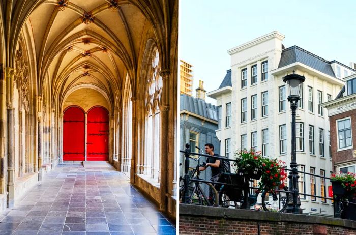 Left: Red cathedral doors set beneath a vaulted ceiling. Right: A cyclist riding along a canal, with a historic five-story white building in the background.