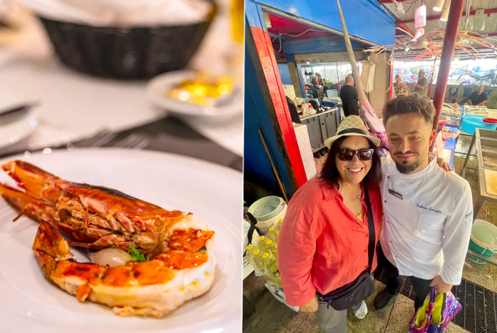 A close-up shot of a prawn dish on the left, accompanied by a cruise passenger posing with the cruise chef, with a bustling fish market in the background on the right.