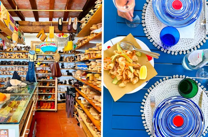 A shop filled with rows of shoes (L); a bird's-eye view of a plate of calamari on a blue table accompanied by two place settings on round white placemats (R)