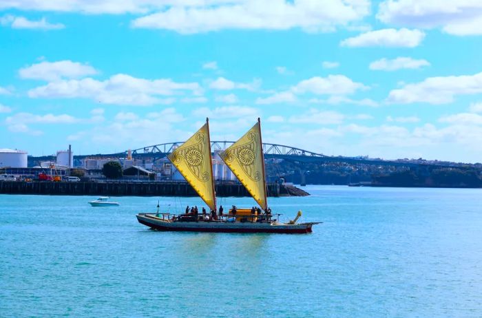 A Māori canoe at the Wellington port in New Zealand.