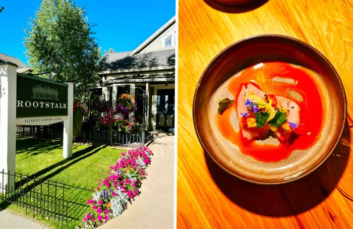 The facade of Rootstalk adorned with blooming flowers in the front yard (L); a bird's-eye view of a soup bowl on a wooden table (R)